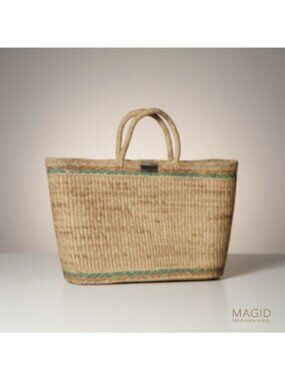 Magid Handmade Italian Woven Tote Green stripe & Gold Clasp Sophisticated Coasta